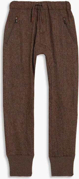 Tapered cashmere-trimmed herringbone wool drawstring pants