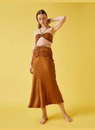 Cut Out Shirred Midi Sateen Skirt