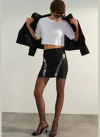 Black Fitted Skirt with Shiny Stones TPRAW24ET00024