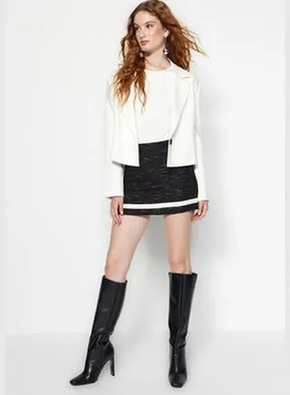 Black Tweed Fabric Mini Woven Skirt TWOAW24ET00221