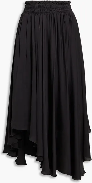 Asymmetric shirred charmeuse midi skirt
