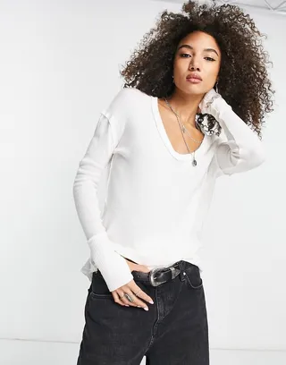 Free People Colby long sleeve jersey top in ivory