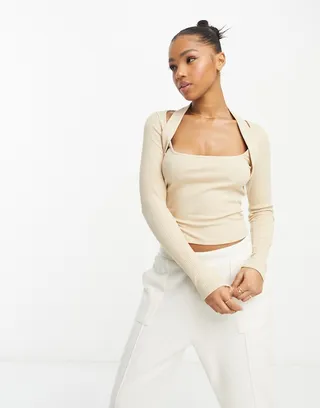 ASOS DESIGN long sleeve square neck halter top in stone