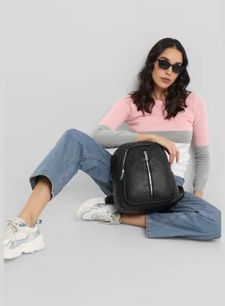 Solid Zip Lock Regular Vegan Leather Backpack For Women