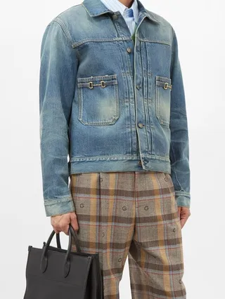 Horsebit-detailed Distressed Denim Jacket