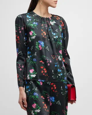 Gathered Keyhole Floral-Printed Blouse