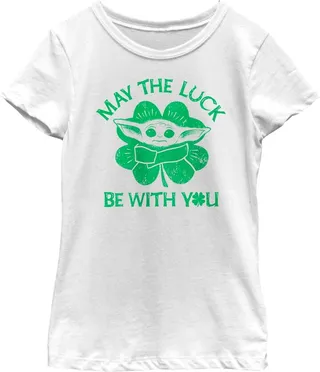 Girl's Star Wars: The Mandalorian St. Patrick's Day Grogu May the Luck be with You Retro T-Shirt - White - X Large