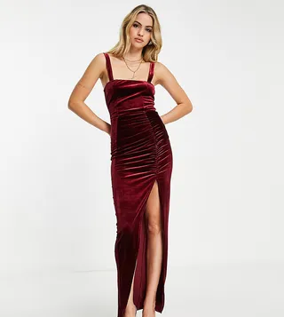 ASOS DESIGN Tall cami ruched midi dress in wine velvet