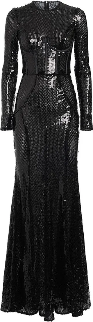 Sequined corset long sleeve gown