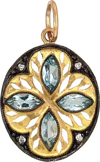 Aqua Marquise Framed Oval Cutout Yellow Gold Charm