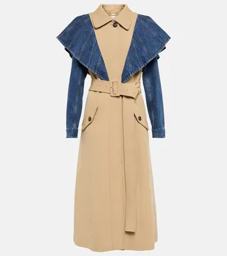 Denim-paneled wool twill trench coat