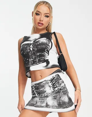 Jaded London crop tank top in corset illusion print - part of a set