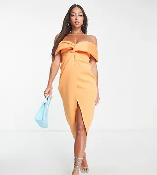 ASOS DESIGN Tall off the shoulder front twist midi dress in apricot