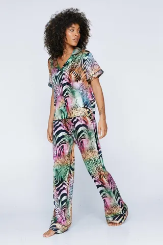 Nasty Gal Womens Satin Mixed Animal Print Short Sleeve Pj Pants Set