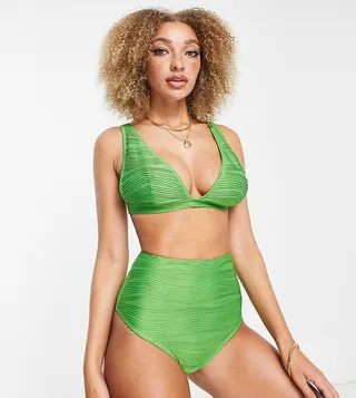 Peek & Beau Exclusive high leg high waist bikini bottom in textured green