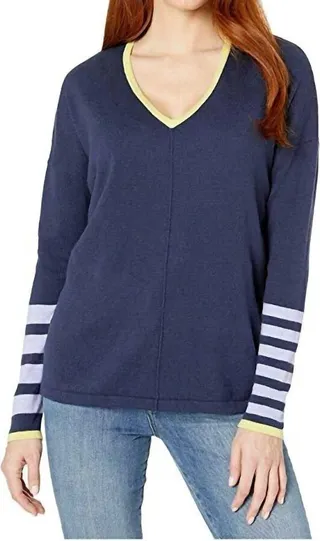 Cotton Cashmere Novelty V-Neck With Stripe Detail On Sleeves in Navy
