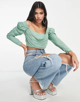 ASOS DESIGN long sleeve puff shoulder top with corset bodice in sage