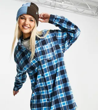 COLLUSION mixed check printed fleece oversize mini shirt dress