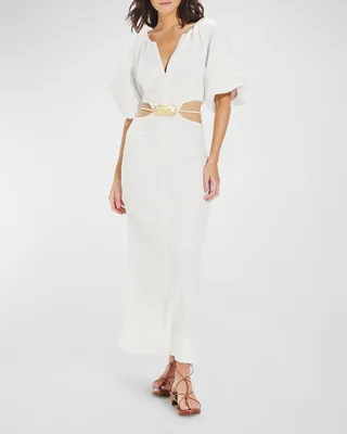 Tanya Linen Puff-Sleeve Maxi Dress