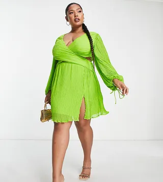 ASOS DESIGN Curve plisse shirt mini dress with wrap waist detail in lime