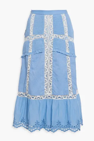 Lace-paneled broderie anglaise-trimmed swiss dot midi skirt