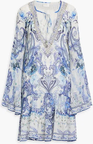 Embellished printed silk-georgette mini dress