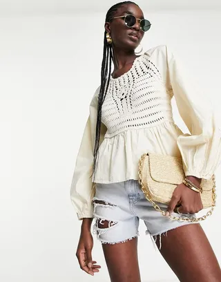 ASOS DESIGN long sleeve top with crochet detail and tie waist in stone
