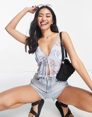 Miss Selfridge floral mesh tie front cami