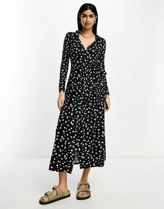 ASOS DESIGN long sleeve collared midi wrap dress in black floral ditsy print