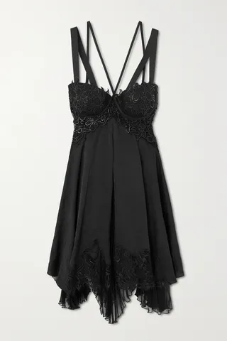 Versace - Lace-trimmed Crinkled-satin Mini Dress - Black