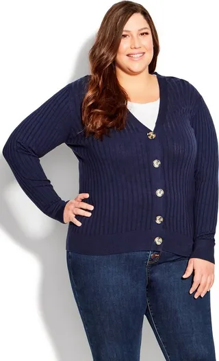 AVENUE | Women's Plus Size Ribbed Knit Button Cardigan - navy - 18W
