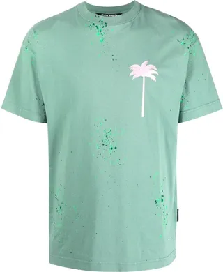 Green Painted Cotton Logo Print T-Shirt