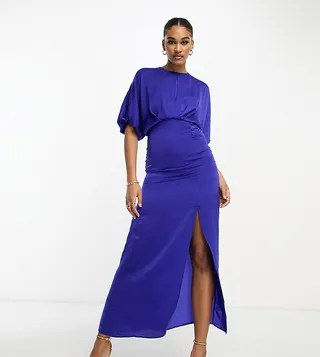 ASOS DESIGN Tall satin batwing midi dress with button side detail in cobalt