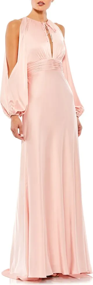 Slit Long Sleeve Satin A-Line Gown