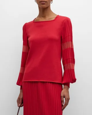 Pleated-Sleeve Square-Neck Knit Tunic