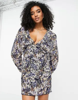 ASOS DESIGN bias plisse mini dress with batwing sleeve in abstract floral