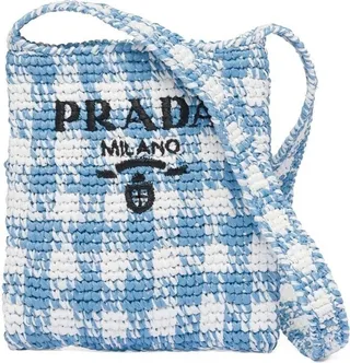 Houndstooth-Pattern Raffia Shoulder Bag