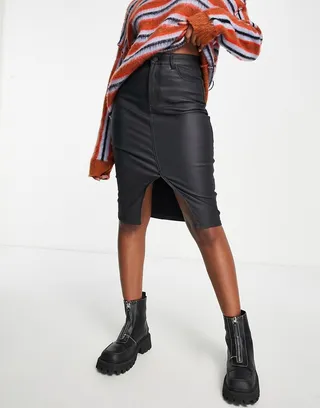 New Look coated midi skirt in black