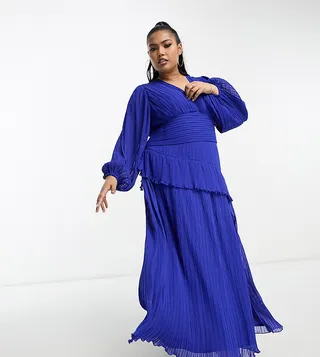 ASOS DESIGN Curve pleated midi dress with a belt in cobalt blue