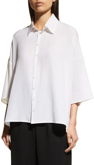 Wide A-Line Short-Sleeve Shirt With Collar (Mid Length)