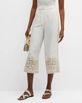 Elsie Floral-Embroidered Wide-Leg Pants