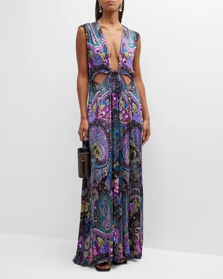 Plunging Cutout Paisley-Print Jersey Gown