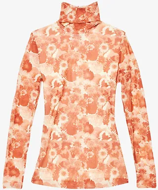 Womens Marsala Turtleneck Floral-print Recycled Polyamide-blend top