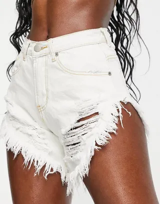 Glamorous high waisted longer line bleached denim shorts with distressed hem