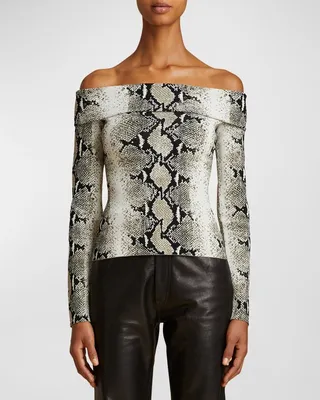 Vivi Snakeskin-Print Foldover Off-The-Shoulder Top