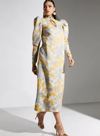 Keyhole Neck Puff Sleeve Printed Dress