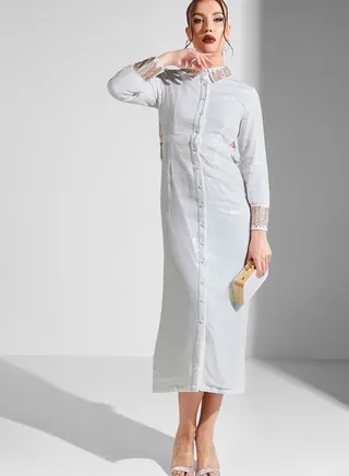 Button Detail Embellished Dress