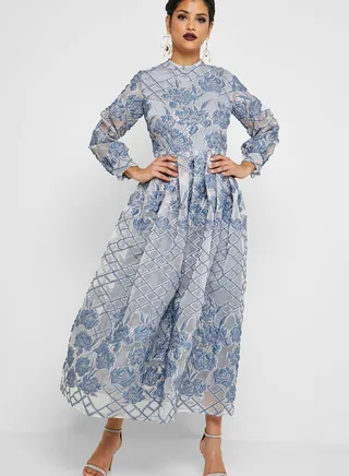 Floral Embossed High Neck Dress