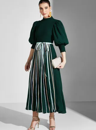 Plisse Puff Sleeve Dress