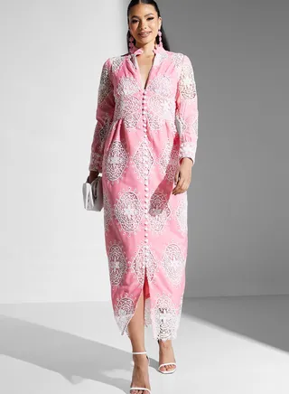 Front Slit Button Detail Printed Dress